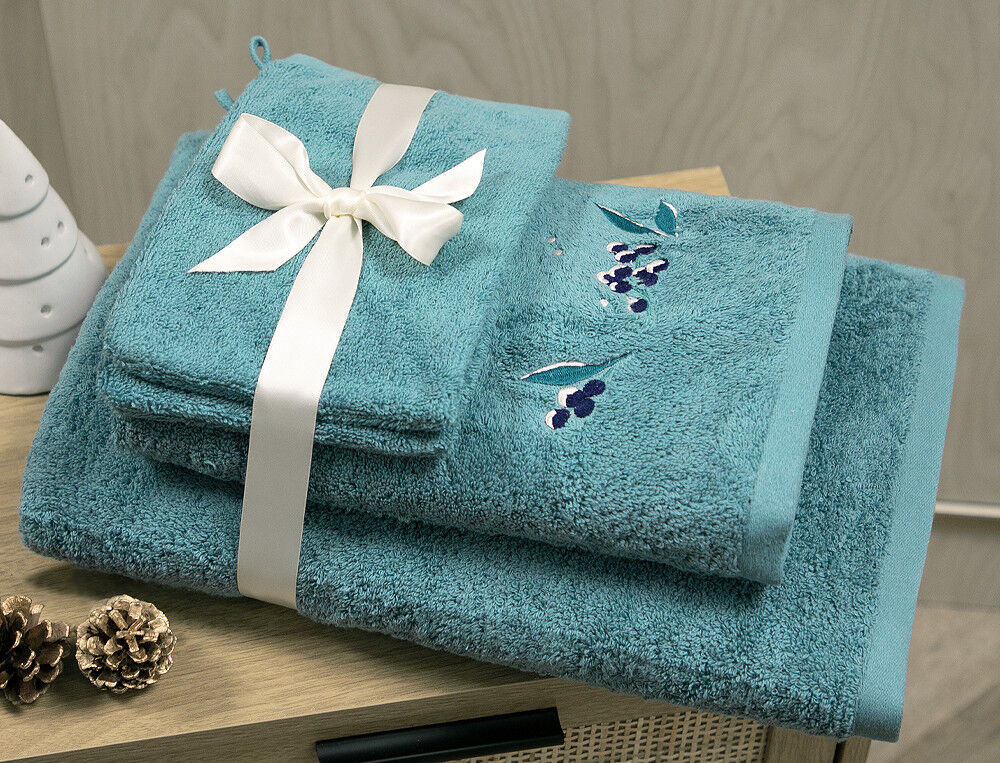 1 serviette + 1 drap de bain + 2 gants - taille unique - Baies célestes brodé - Canard - Linvosges