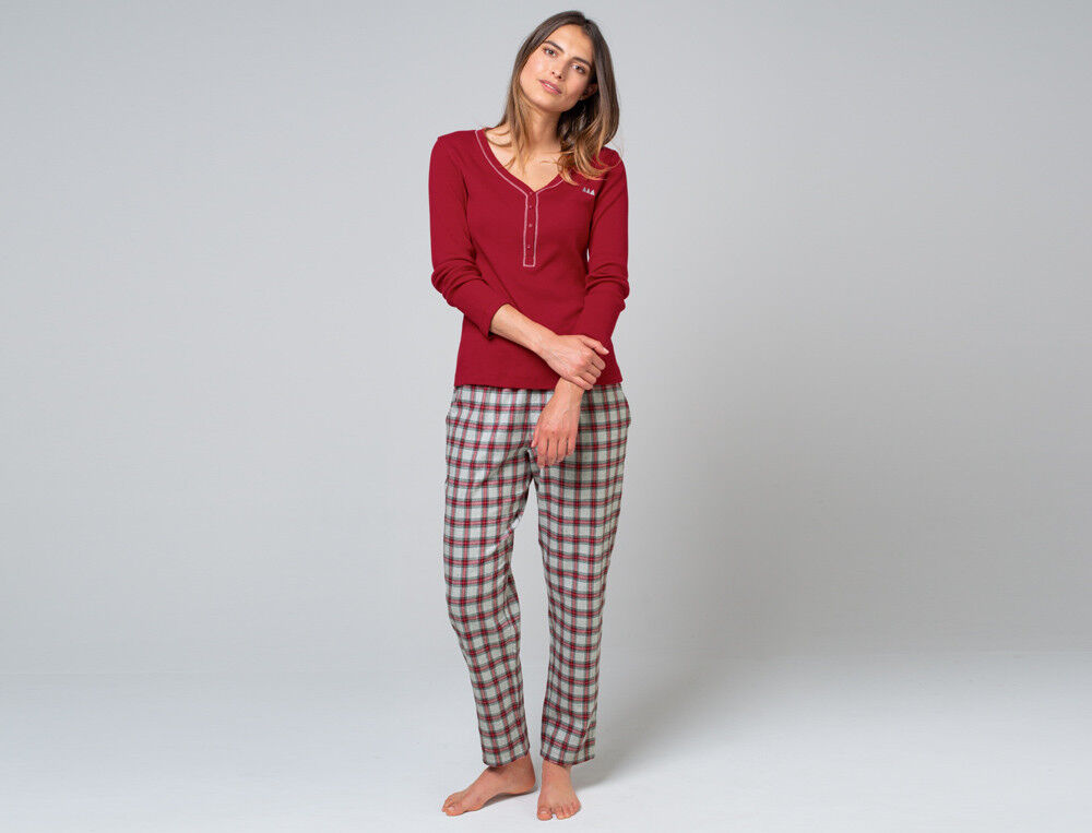 Pyjama 100% coton bio à carreaux pour femme doux et confortable avec sac